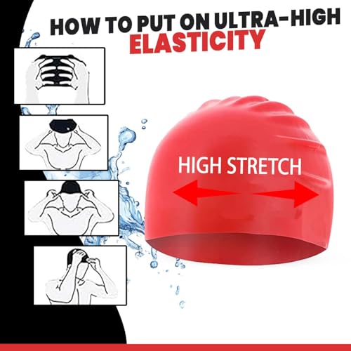 Image of GLAN Silicone Swimming Cap for Kids and Adults Waterproof Swimming Pool Cap for Women and Men (Red)