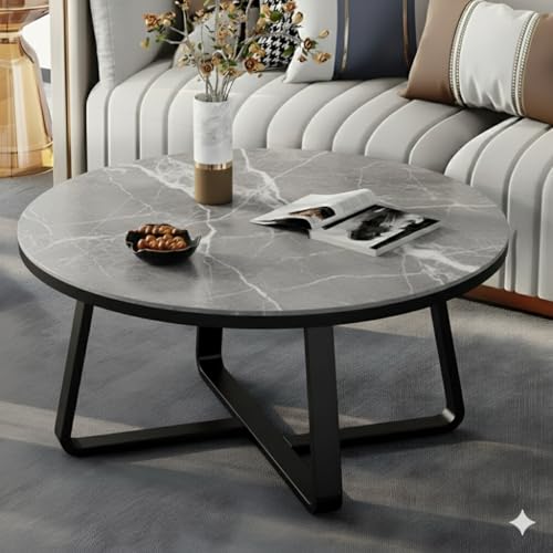 Image of Modern Round Coffee Table with Faux Marble Top and Gold Metal Frame - Contemporary Center Table for Living Room, Small Space Accent Cocktail Table for Apartment (Black & Grey)