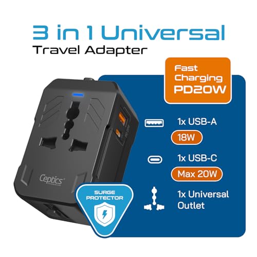 Image of Ceptics Universal Travel Adapter with 20W USB-C, All in One Travel Accessories with 1 USB A (18W), 1 Type C and Universal Socket, Compact International Adapter for Worldwide Use