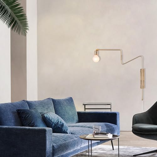 Image of Brass Plug in Wall Sconce Set of 2, Modern Swing Arms Plug-in Bedroom Living Room Wall Lamp Industrial Adjustable Wall Sconces Lighting