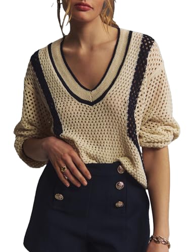 Image of Ladyful Women's Crochet Tops Deep V Neck Long Sleeve Lightweight Knit Pullover Cover Up Hollow Out Blouse