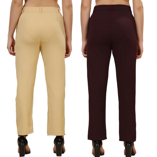 Image of Pack of 2 Women's Regular Fit Solid Cotton Blend Trousers - Soft, Breathable & Stretchable Bottom Wear for Office, Casual Outings & Daily Comfort