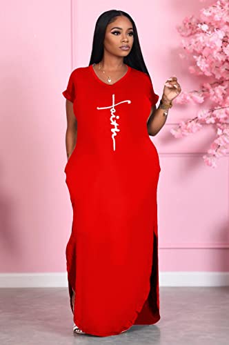 Image of Women Summer V Neck Loose Side Split Maxi Dresses with Pocket