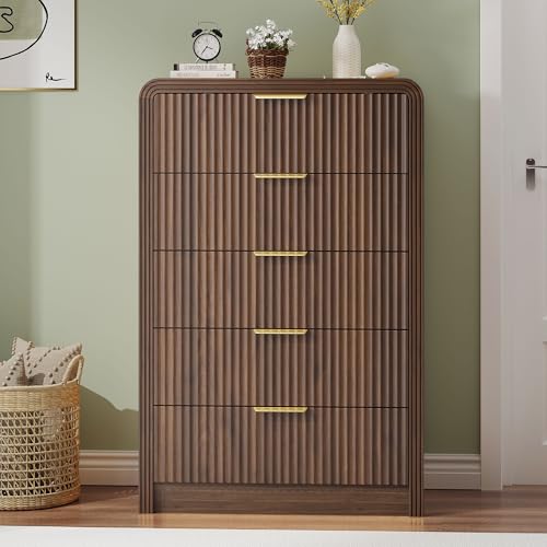 Image of Decofy Fluted 5 Drawers Dresser, 48 inch Tall Modern Chest of Drawers with Round Edge & Metal Handle, Wood Drawer Organizer for Living Room, Bedroom, Entryway, Hallway (Walnut)