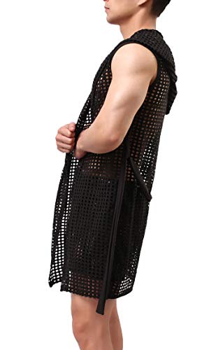 Mens Sexy See Through Towel Bath Robe Hooded Mesh Transparent Bathrobe3