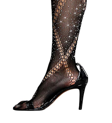 Image of FANCAME Womens Sparkle Thigh High Stockings Patterned Floral Black Stockings Rhinestone Stay Ups Socks Tights