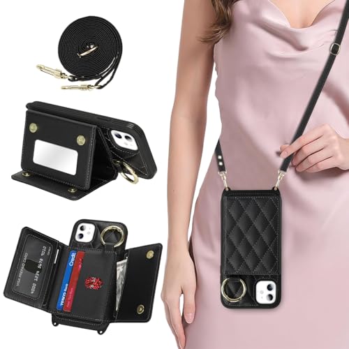 DEYHU for iPhone 11 Case with Card Holder and Strap for Women Crossbody Lanyard Make Up Mirror Ring Stand Snap Clasp Cute Phone Wallet Cases 6.1 inch - Black