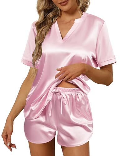 Ekouaer Silk Pajamas for Women Short Sleeve Satin Sleepwear Two-piece Pjs Set Soft V Neck Loungewear,S-XXL