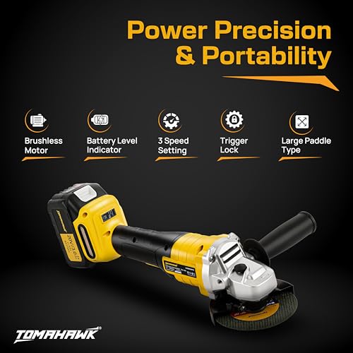 Image of Tomahawk TSG-1525 20V Brushless Cordless Angle Grinder with 2 x 3.0Ah Batteries & Charger | 4 Inch Disc | 3-Speed up to 8500 RPM | Trigger Lock