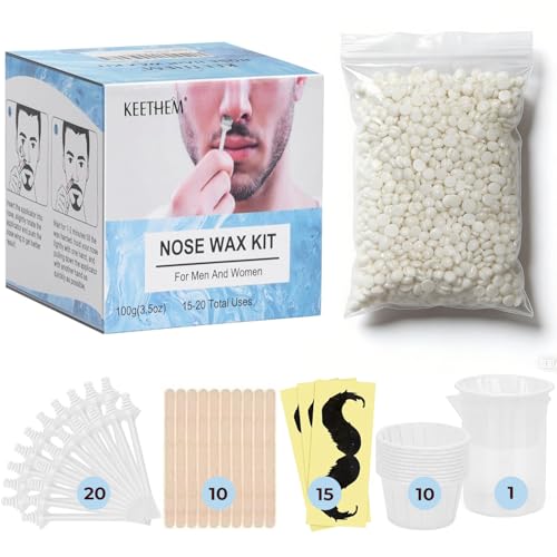 Nose Hair Wax Kit – 100g Nose Wax + 20 Applicators + 15 Mustache Guards + 10 Paper Cups + 10 Sticks + 1 Measuring Cup – Nose Wax Kit Men & Women, At-Home Hair Removal for 20+ Uses