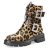 Perisis Women's Brown Leopard Leather Platform Lug Sole Low Chunky Heel Combat Boots Slip on Buckles Fashion Ankle Booties(Brown Leopard,10)