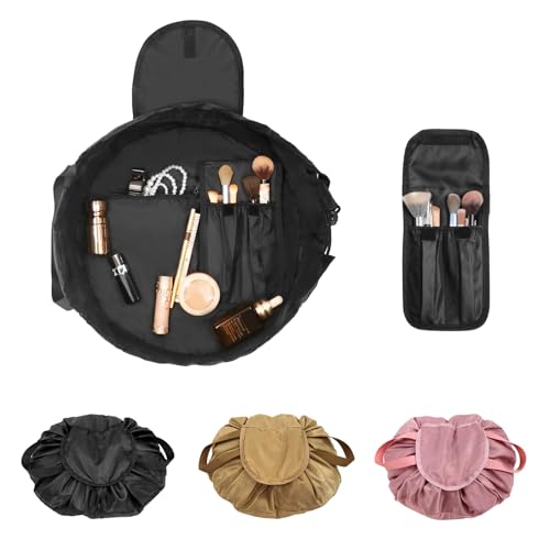 SUMBABO Drawstring Makeup Bag Open Lay Flat - Travel Cosmetic Organizer Bag for Women - Toiletry Bag with Brush Holder - Black Large Capacity Travel Essential