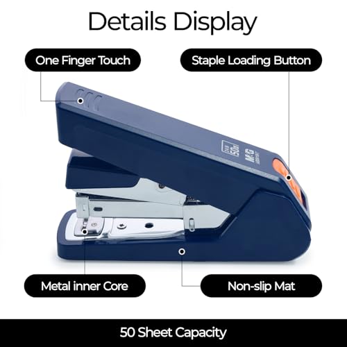 Image of M&G Effortless Stapler 50 Sheet Capacity One-Touch Stapling, Heavy Duty Desktop Stapler Includes 1000 Staples and Remover, Portable Handheld Staplers for Home & Office (Dark Blue)