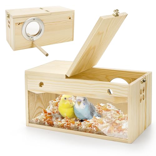 Image of Hiceeden Visual Parakeet Nesting Box, Premium Pine Bird Nest Box with Perch, Transparent Acrylic Bird Cage House Wooden Breeding Box for Budgie, Finch, Lovebirds, Cockatiel, Parrot, 9.8x4.9x5 Inches