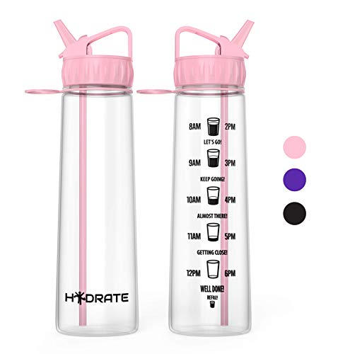 Hydrate Motivational Straw Water Bottle, 900ml  With Time Markings To Help You drink More Water, Tritan, Eco Friendly & BPA-Free, For Day to Day Use Ideal For Adults, Children & Kids - Fast Water Flow, Flip Straw, Reusable & Leak-proof (Pink)