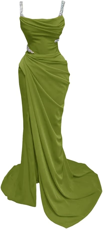 Spaghtti Straps Beaded Prom Dresses 2025 Long Mermaid Slit Satin Formal Evening Party Gowns for Women