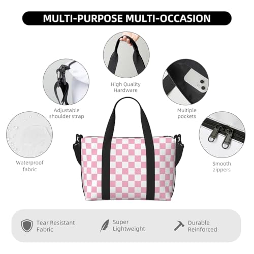 Laptop Tote Bag for Women Work - Pink Pastel Checkered Print Weekender Overnight Bags for Women Travel, Gym Duffle Bag for Men, Personal Item Crossbody Travel Bags for Men Carry On3