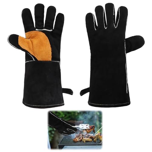 Lytari Fire Gloves for Wood Burners Log Burner Gloves 14IN Leather Fireproof Welding Glove Heat Resistant Mitts for Fireplace BBQ Oven Pot Holder Grill Welding Wood Stove Animal Handling (Black)