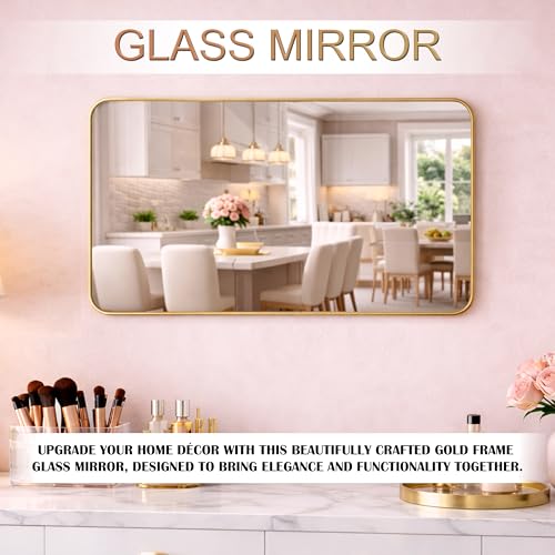 Image of Rousrie Premium Glass Wall Mirror with Golden Frame, Big Size 24x18 Inches, for Bathroom, Living Room, Washbasin