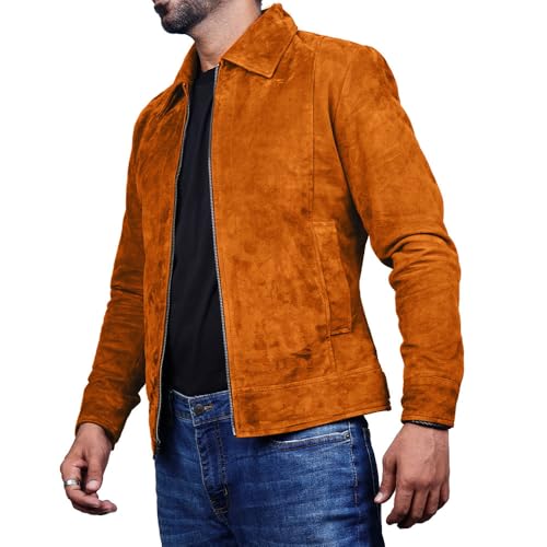 Image of Mens Polo Collar Zipper Suede Shirts Long Sleeve Shacket Suede Trucker Jacket Real Suede Leather Shirt