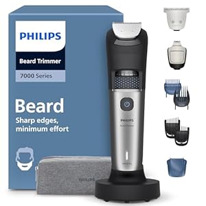 Philips Beard Trimmer 7000 Series, Self-Sharpening Metal Blades, 40 Lock-in Settings, BeardSense Technology, Hair Collector, 100 Percent Waterproof, Silver (BT7670/15)