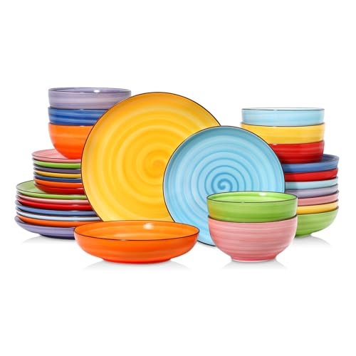 Image of Selamica Ceramic Plates and Bowls Sets,32 Pieces Dinnerware Sets for 8,Scratch Resistant Dish Set for holiday gathering,Dishwasher & Microwave Safe, Dopamine Colors