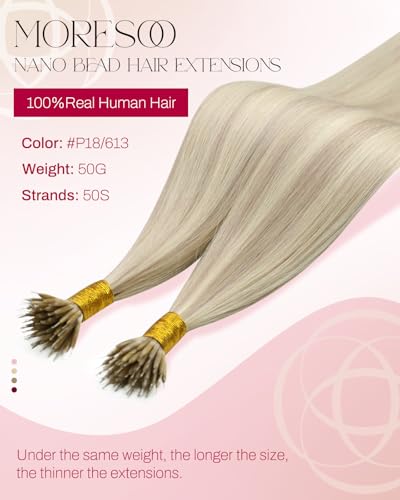 Image of Moresoo Nano Hair Extensions Real Human Hair, Ash and White Blonde, 14 Inch | 50g 50 strands, lightweight nano ring placement, adds buildable fullness for fine hair and everyday styling