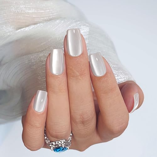 Yivaiks Short Square Cat Eye Press on Nails White Moonlight Fake Nails with Glue on Nails(MY-24DFX007)30 Nail Kit with Glue