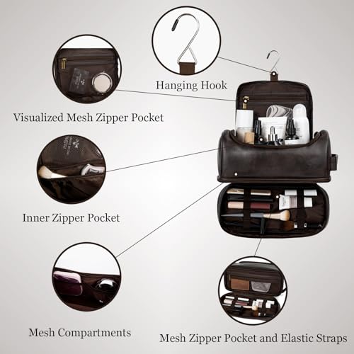Travel Toiletry Bag for Men, Large Water-resistant Shaving Bag Toiletries Organizer, PU Leather Dopp Kit, with Hanging Hook, Multi-functional and Stylish, Ideal for Grooming, Travel, Camping, Gym3