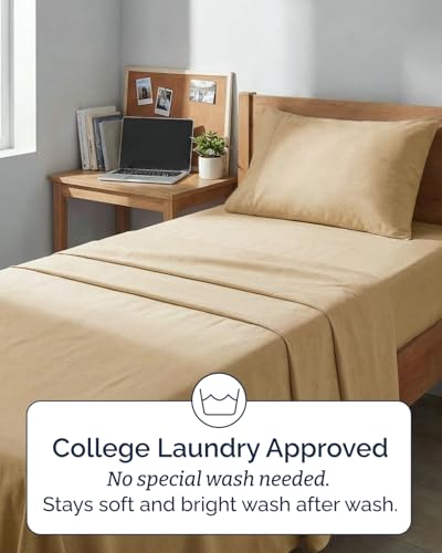 Image of Twin XL 4 Piece Sheet Set - College Dorm Room Essentials - Heathered Tan