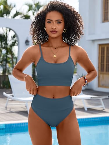 Image of ANRABESS Women's High Waisted Bikini Sets,Color Block 2 Piece Swimsuits,Tummy Control Bathing Suits,Thick Ribbed Beach Wear