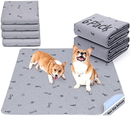 Washable Pee Pads for Dogs, 6Pack Reusable Puppy Pads, Absorbent Whelping Pads with Bone Print, Non-Slip Waterproof Pet Training Pads for Couch, Crate, Potty Training -16×24