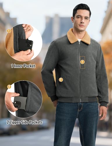 Image of Rdruko Men's Corduroy Sherpa Fleece Lined Jacket Turn-Down Collar Warm Winter Jacket, Dark Grey, XL