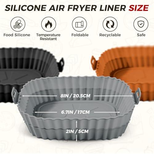 Image of Air Fryer Liners Pack of 3 - Square 8 Inch Silicone Air Fryer Liner, Reusable Baking Tray, Food Grade BPA Free, Heat Resistant 240C, Nonstick Pot with Handles, Fits 4-7 QT-Multicolor