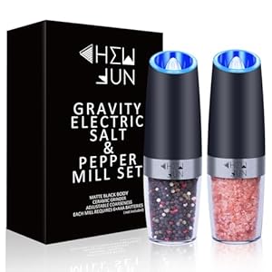 Gravity Salt and Pepper Grinder Set with Adjustable Coarseness Automatic Pepper and Salt Mill Set Battery Powered with Blue LED Light,One Hand Operated,Brushed Stainless Steel by CHEW FUN