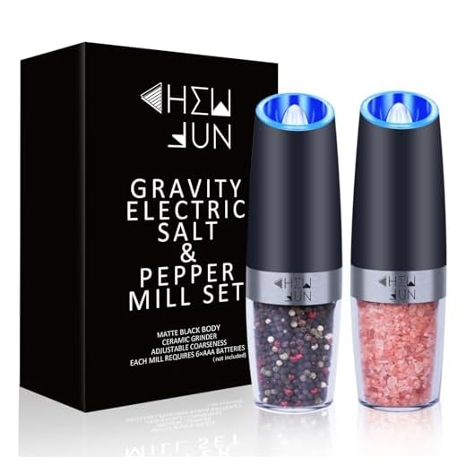 Electric Gravity Salt and Pepper Grinder Set with Adjustable Coarseness Automatic Pepper and Salt Mill Battery Powered with Blue LED Light,One Hand Operated,Brushed Stainless Steel by CHEW FUN