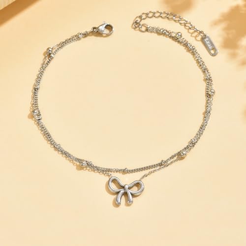 Image of NONAMOIS 18K Gold Plated Diamond Ankle Bracelets for Women Waterproof Gold CZ Pearl Bow Link Chain Anklets Non Tarnish Summer Beach Foot Jewelry Gifts