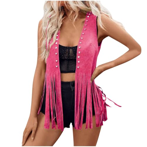 Women Fringe Vest Tops Vintage Western Classic Faux Suede Leather Open Front Sleeveless Cardigan 70s Cowboy Jacket Hot Pink