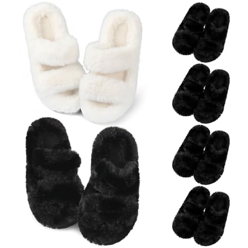 Image of Toulite 6 Pairs Bridesmaid Slippers Bulk, Black White Fuzzy Slippers for Women Fluffy Cozy Open Toe Soft Bride Slipper Wedding Ladies Furry House Shoes