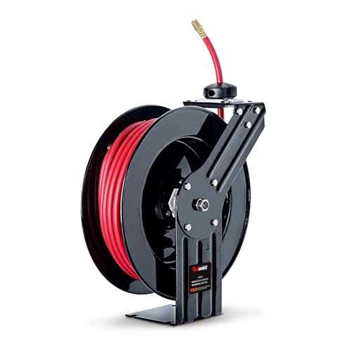 ReelWorks Air Hose Reel Retractable 3/8" Inch x 50' Feet Hybrid Polymer Hose, Max. 300 PSI Compressor Water Plastic Spring Driven Swivel Bracket