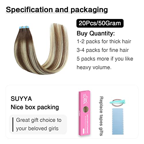 Image of SUYYA Tape In Hair Extensions Human Hair 18 Inch #P6 /613 /T4 Balayage | Remy Human Hair, Invisible Skin Weft, Straight Hair, 20PCS 40G, Chocolate Brown to Chestnut Brown and Bleach Blonde Balayage