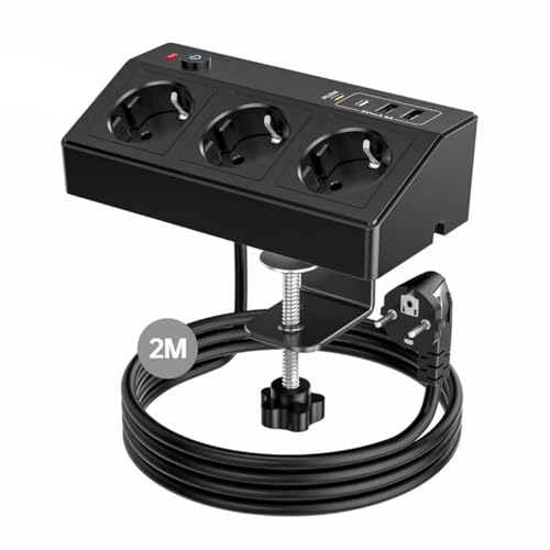 Tischsteckdose mit USB C PD 20W, 4000W/16A Steckdosenleiste Schreibtisch, STGAROT 3 Fach Mehrfachsteckdose 4 USB mit Schalter 2M Kabel, Überspannungsschutz Steckdose Tisch für Zuhause Büro, Schwarz