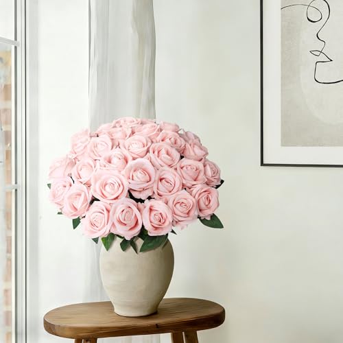 Image of 50 PCS Blush Roses Artificial Flowers, Real Looking Fake Roses with Long Stems Silk Flowers for DIY Wedding Bouquet Party Celebration Home Bridal Shower Decoration Valentine's Day Gift for Her Wife