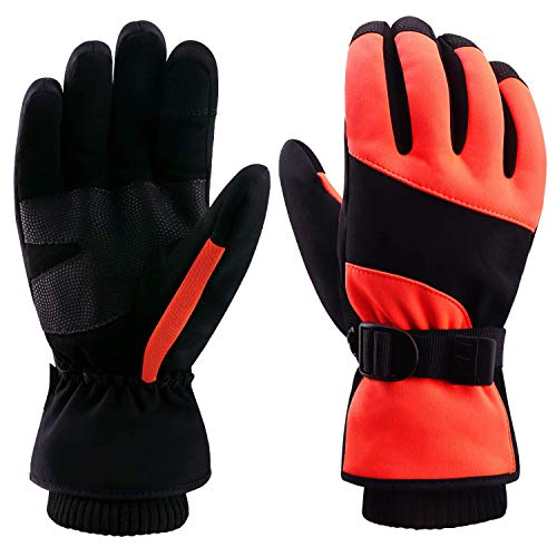 Guantes Esqui Invierno Hombre Guantes Snowboard Neige Moto Cálidos Impermeable Palma Cuero Thinsualte Térmico (Negro/Naranja, S)