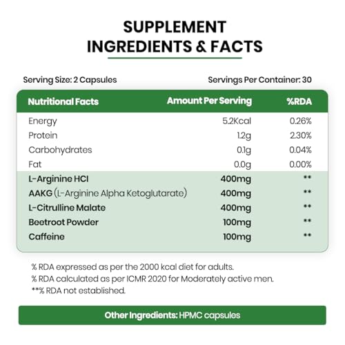 Vlado’s Himalayan Organics Nitric Oxide 1400mg With L-Arginine HCI Caffeine Supplement | Good For Muscle Growth, Stamina, Recovery, Immune Booster & Energy- 60 Veg Capsules