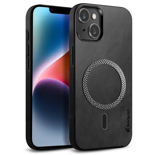 Image of KARWAN Shockproof Hybrid Leather Finish Back Case Cover Compatible with iPhone 13,iPhone 14 with Wireless MagEaze Charging Cover, Anti-Scratch Shield Case with Strong Minimalist Design (Black)