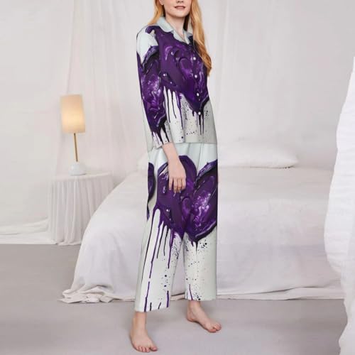 Pyjama violet imprimé amour ensemble chaud et fluide contre le froid nocturne - 3
