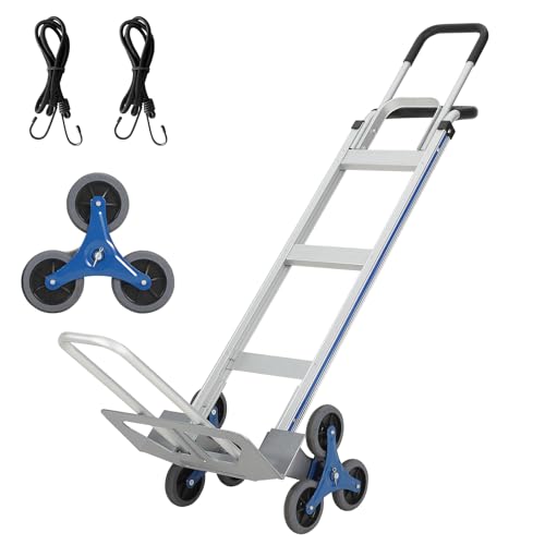 Aluminum Stair Climbing Cart,600 LBS 2 in 1 Heavy-Duty Aluminum Hand Truck with Extendable Base Plate, Dual Handles, 6 Wheels & 2 Elastic Ropes for Warehouse Shopping