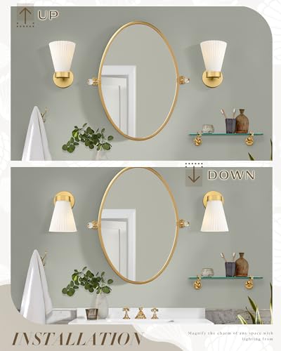 Image of Gold Wall Sconce, HWH Single Wall Light Fixture Brushed Gold Wall Lamp with Frosted Milk White Striped Glass Shade, Modern Indoor Wall Sconce for Kitchen Bedroom Schoolhouse, 5HZG97B BG