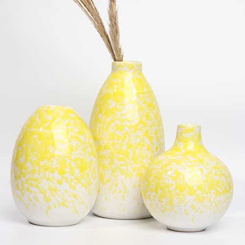 Ceramic Vase 3 Piece Set, Home Decor Decorative Flower Vases Set For Modern Farmhouse Decoration, Living Room Centerpieces,Events, Table, Bookshelf, Mantel And Entryway Decor (Yellow,Oval) #TOP7
